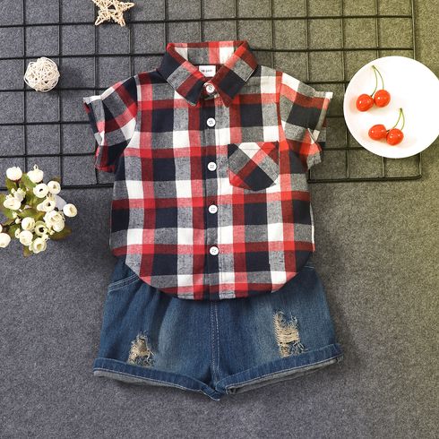 2pcs Toddler Boy Casual Ripped Denim Shorts and Plaid Shirt Set