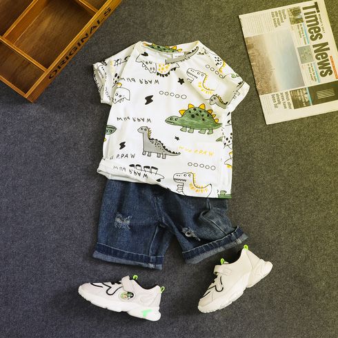2pcs Toddler Boy Playful Ripped Denim Shorts and Dinosaur Print Tee Set