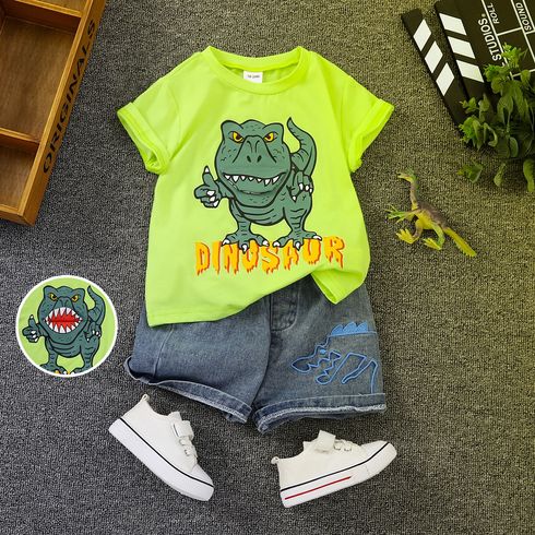 2pcs Toddler Boy Playful Dinosaur Embroidered Denim Shorts and Letter Print Tee Set