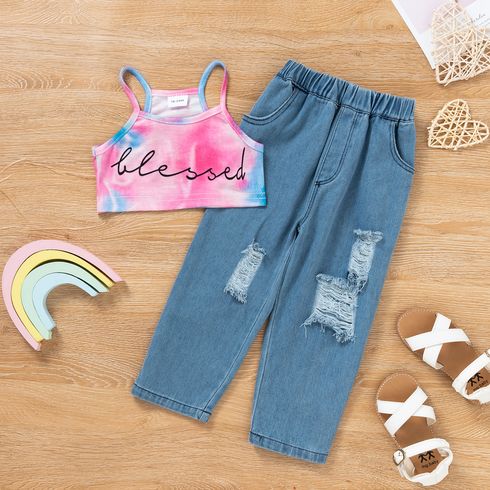 2pcs Toddler Girl Letter Print Tie Dyed Camisole and Straight Ripped Denim Jeans Set
