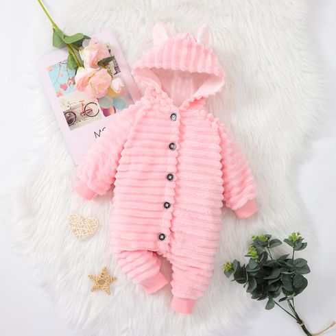 Baby Boy/Girl Solid Button Front 3D Ears Hooded Long-sleeve Thermal Fuzzy Jumpsuit