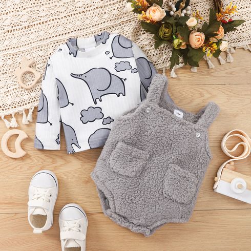 2pcs Baby Boy/Girl Long-sleeve Allover Elephant Print Tee and Fuzzy Romper Set