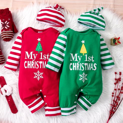 Christmas 2pcs Baby Boy/Girl 95% Cotton Striped Long-sleeve Letter Print Jumpsuit with Hat Set
