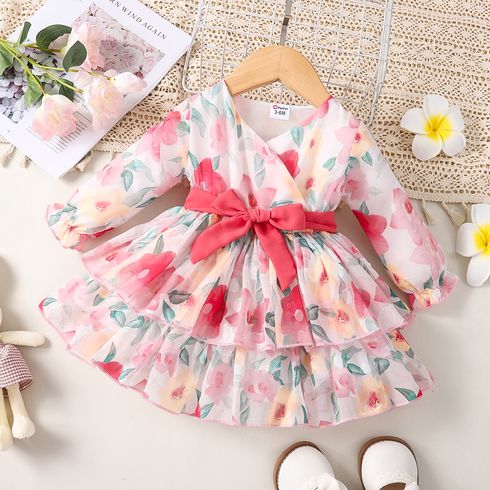 Baby Girl Allover Floral Print Surplice Neck Long-sleeve Belted Layered Dress