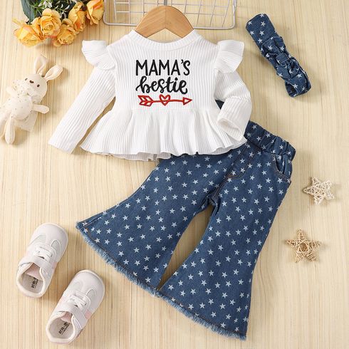 3pcs Baby Girl 100% Cotton Allover Stars Print Flared Jeans and Letter Embroidered Rib Knit Ruffle Trim Long-sleeve Top with Headband Set