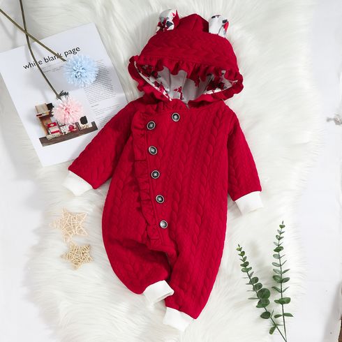 Baby Girl Button Front Frill Trim 3D Ears Hooded Long-sleeve Textured Jumpsuit