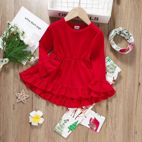 3pcs Toddler Girl Christmas Ruffled Bell sleeves Tee & Allover Print Leggings and Scarf Set
