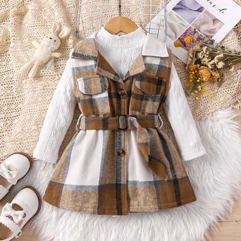 2pcs Toddler Girl Classic Mock Neck Textured Tee and Plaid Lapel Collar Belted Dress Set