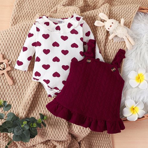 2pcs Baby Girl 95% Cotton Rib Knit Allover Heart Print Ruffle Collar Long-sleeve Romper and Sold Textured Overall Dress Set