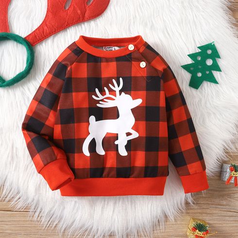 Toddler Boy Christmas Deer Pattern Plaid Button Design Sweatshirt