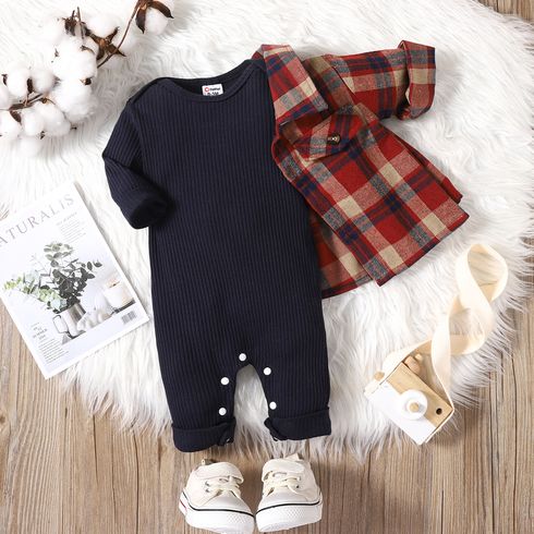 2pcs Baby Boy Long-sleeve Plaid Jacket and Solid Ribbed Jumpsuit Set
