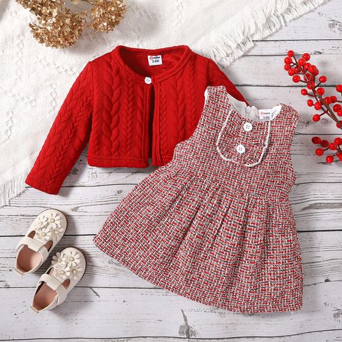 2pcs Baby Girl Tweed Tank Dress and Long-sleeve Imitation Knitting Cardigan Set