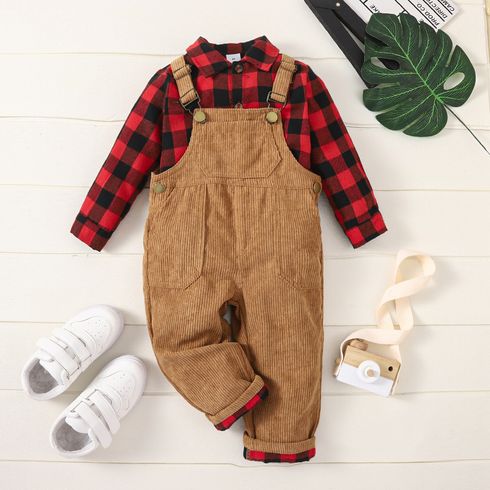 2pcs Toddler Boy Classic Plaid Shirt and Adjustable Corduroy Overalls Set