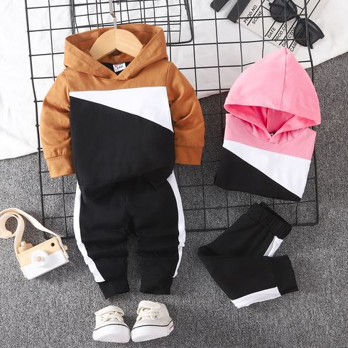 2pcs Baby Boy/Girl 95% Cotton Long-sleeve Colorblock Hoodie and Sweatpants Set