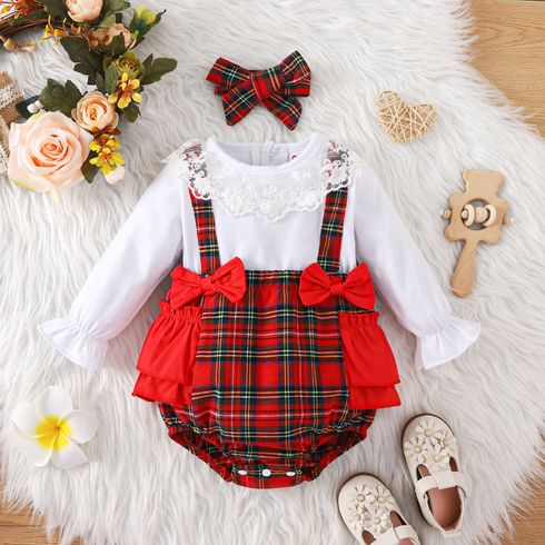 Christmas 2pcs Baby Girl 95% Cotton Long-sleeve Lace Collar Red Plaid Ruffle Trim Bow Front Romper with Headband Set