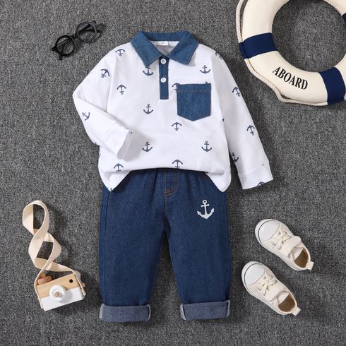 2pcs Toddler Boy Playful Denim Jeans and Anchor Print Polo Shirt Set