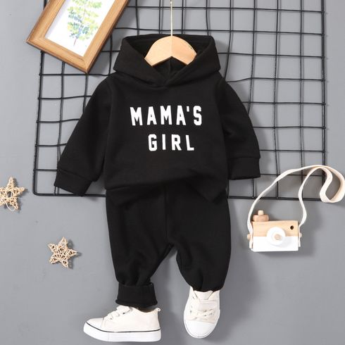 2pcs Baby Girl Letter Print Black Fleece Lined Long-sleeve Hoodie and Sweatpants Set
