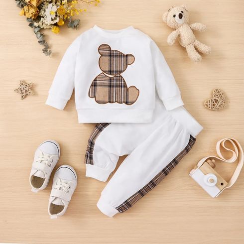 2pcs Toddler Boy Playful Bear Embroidered Sweatshirt and Plaid Splice Pants Set