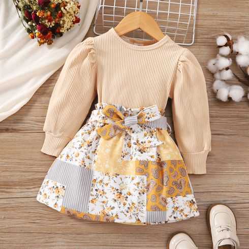 2pcs Toddler Girl Sweet Ribbed Puff-sleeve Tee and Floral Print Belted Skirt Set