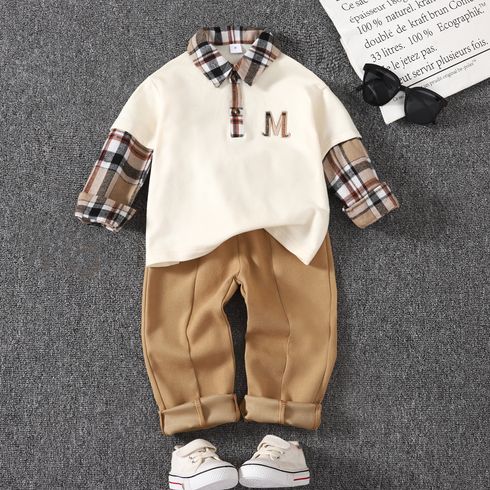 2pcs Toddler Boy Trendy Faux-two Plaid Splice Lapel Collar Tee and Pants Set