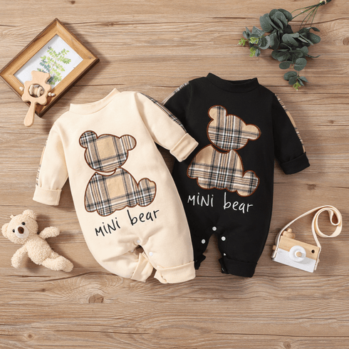 Baby Boy/Girl Plaid Bear & Letter Embroidered Long-sleeve Jumpsuit