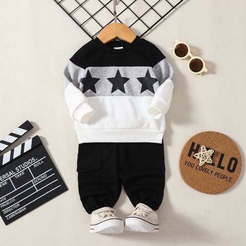 2pcs Baby Boy/Girl Star Print Long-sleeve Colorblock Sweatshirt and Solid Sweatpants Set