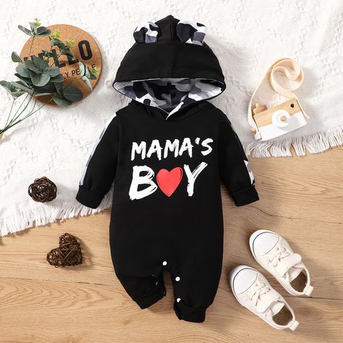 Baby Boy Letter Print 3D Ears Detail Camouflage Lined Hooded Fleece Spliced Long-sleeve Jumpsuit