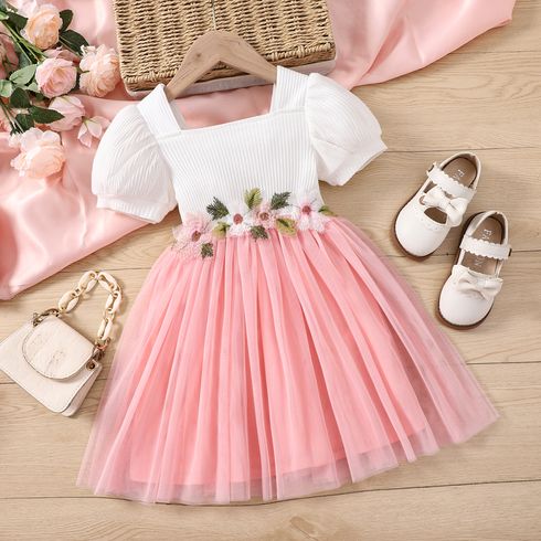 Toddler Girl Sweet Floral Design Mesh Splice Puff-sleeve Dress PinkyWhite big image 1