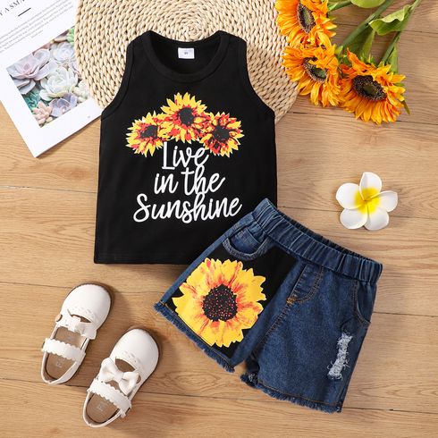 2pcs Toddler Girl/Boy Trendy Ripped Denim Shorts and Floral Print Tank Top Set