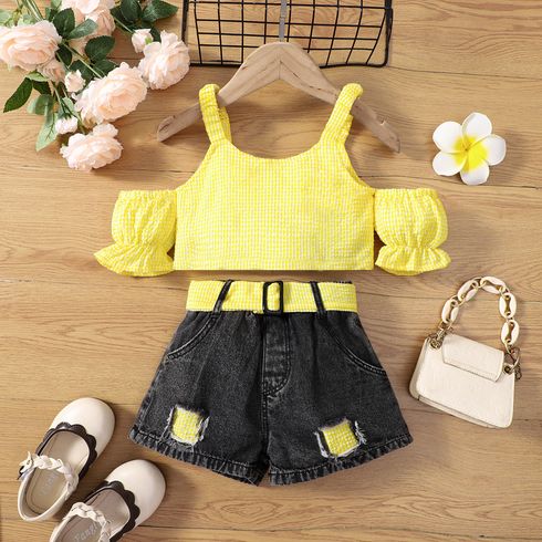 2pcs Toddler Girl Trendy Ripped Denim Shorts and Cold Shoulder Plaid Camisole Set