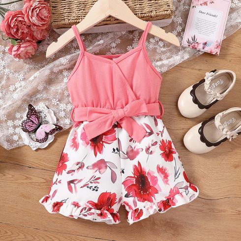 Mother's Day Toddler Girl Sweet Floral Print Belted Slip Rompers
