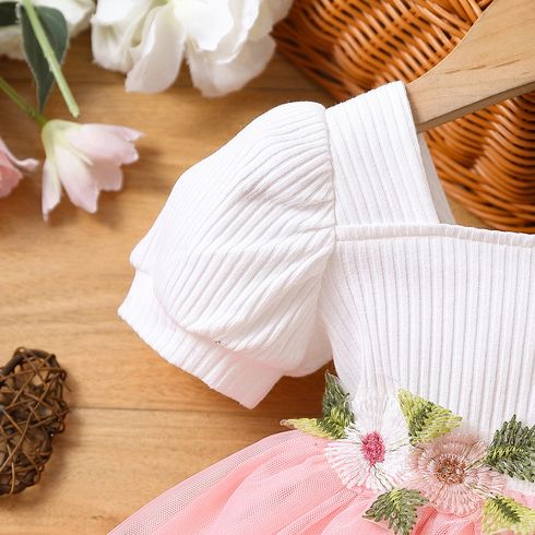 Baby Girl 95% Cotton Ribbed Square Neck Puff-sleeve Spliced Floral Embroidered Mesh Dress Pink big image 5