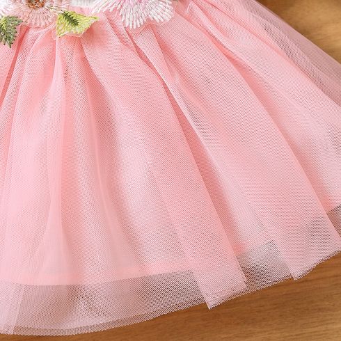 Baby Girl 95% Cotton Ribbed Square Neck Puff-sleeve Spliced Floral Embroidered Mesh Dress Pink big image 6