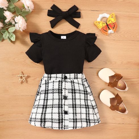3pcs Toddler Girl Classic Headband & Ribbed Top and Tweed Skirt Set