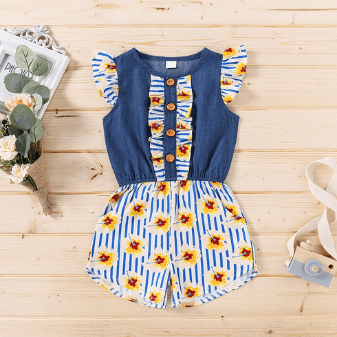 Toddler Girl Sweet Floral & Stripe Print Flutter-sleeve Romper