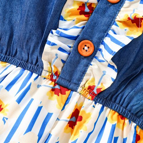 Toddler Girl Sweet Floral & Stripe Print Flutter-sleeve Romper Blue big image 5
