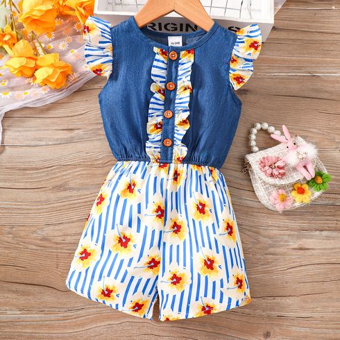 Toddler Girl Sweet Floral & Stripe Print Flutter-sleeve Romper Blue big image 1