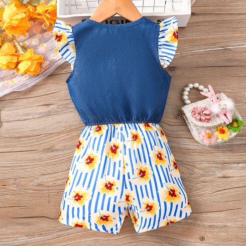 Toddler Girl Sweet Floral & Stripe Print Flutter-sleeve Romper Blue big image 2