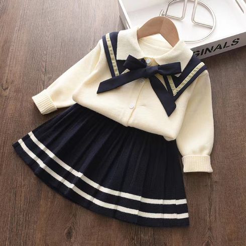 3pcs Toddler Girl Preppy style Bowknot Design Knitwear Sailor Shawl and Pleated Skirt Set