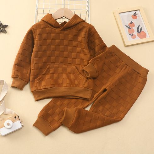 2-piece Toddler Girl/Boy Textured Solid Color Hoodie Sweatshirt and Pants Casual Set
