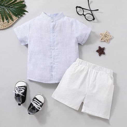 Refreshing As Soda Toddler Boy 2pcs 100% Cotton Striped Stand Collar Short-sleeve Blue Shirt Top and Solid White Shorts Set