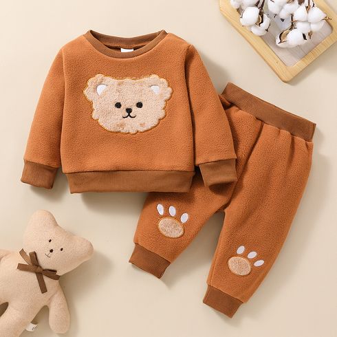 2pcs Baby Boy/Girl Bear Embroidered Long-sleeve Fleece Sweatshirt and Sweatpants Set