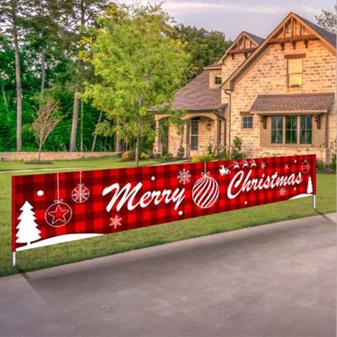 1pc Large Merry Christmas Banner Red Buffalo Plaid Xmas Sign for Outdoor Indoor Xmas Home Party Decoration