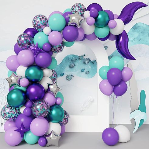 114pcs Mermaid Balloon Garland Kit, Mermaid Tail Arch Party Supplies with Purple Green Confetti Balloons for Mermaid Birthday Party Decorations