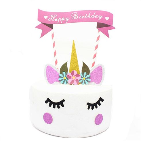 Unicorn Cake Topper Handmade Party Cake Decoration Supplies with Eyelashes and Stack Reuasble Gold Horn Multi-color big image 2