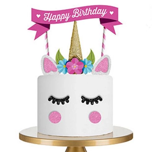 Unicorn Cake Topper Handmade Party Cake Decoration Supplies with Eyelashes and Stack Reuasble Gold Horn Multi-color big image 3
