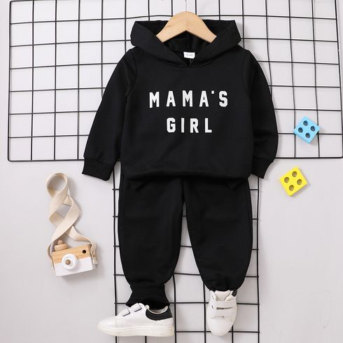 2pcs Toddler Girl Letter Print Luminous Black Hoodie Sweatshirt and Pants Set