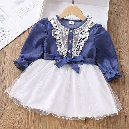 Toddler Girl Sweet Lace Design Denim Mesh Splice Long-sleeve Dress