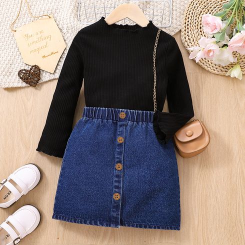2pcs Toddler Girl Trendy Button Design Denim Skirt and Mock Neck Black Tee Set