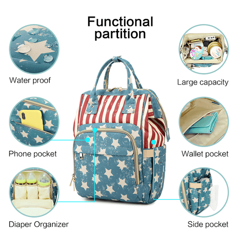 Independence Day Contrast Striped Diaper Bag Backpack Waterproof Large Capacity Diaper Tote with Stroller Straps